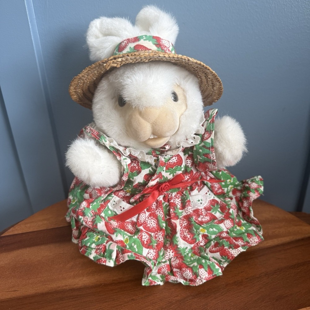 Vintage 1994 Hosung Bunny Rabbit Hand Puppet Plush Strawberry Dress Straw Hat